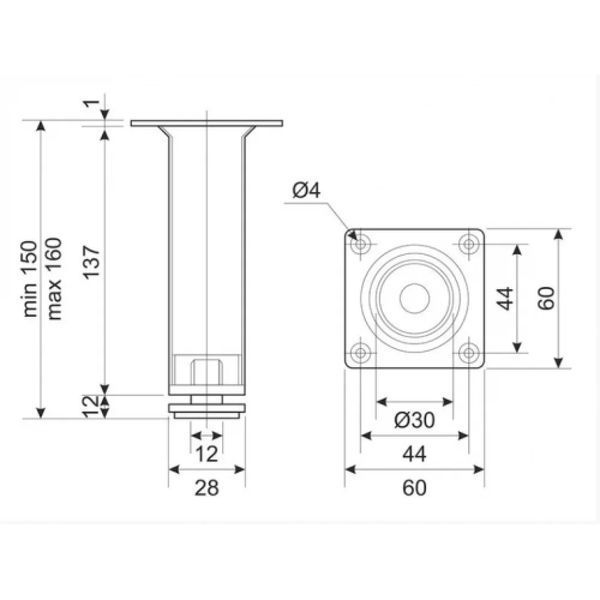 Меблева ніжка (опора) SIGMA регульована H-150 мм D-30 мм хром (MO0166) MO0166 фото