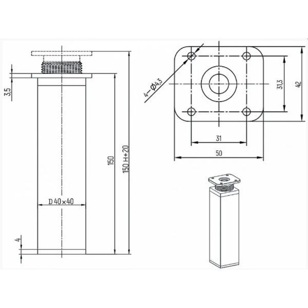 Ніжка меблева (опора) SIGMA регульована H-150мм, 40*40мм квадратна Біла (MO0155) MO0155 фото